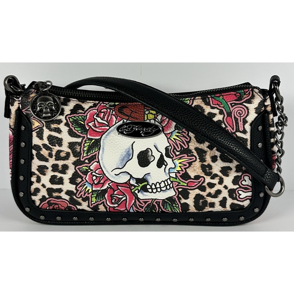 Ed Hardy Leopard Skull Shoulder Bag Crossbody Purse Tattoo Print Roses Studded